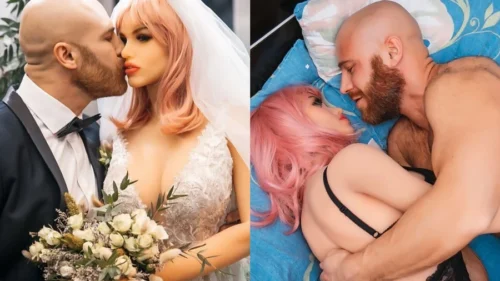 Ein Paar bestehend aus einem Mann und seiner Sexpuppe